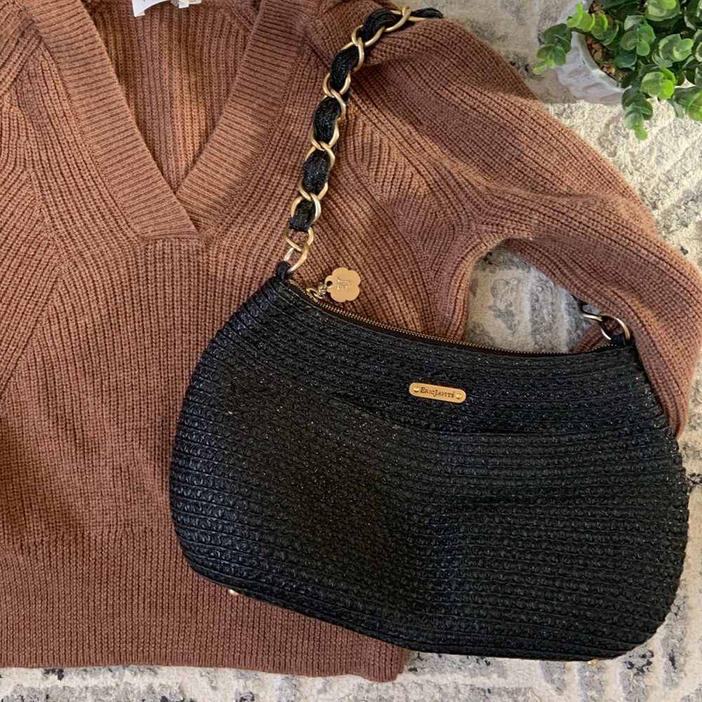 Eric Javits Black Woven Handbag with Yellow Lining